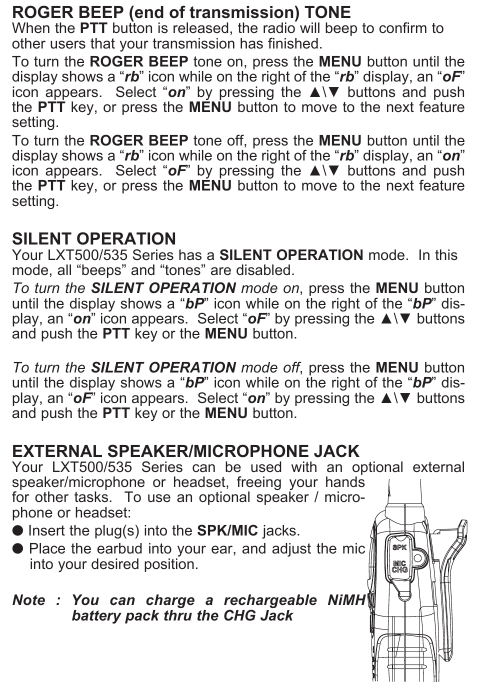 Roger beep (end of transmission) tone, Silent operation, External speaker/microphone jack | MIDLAND LXT500/535 User Manual | Page 9 / 16