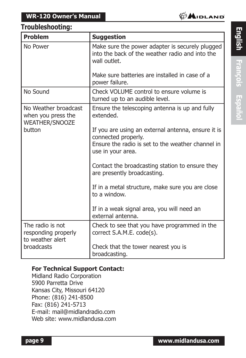Troubleshooting, English françois español | Midland Radio All Hazards Alert Weather Radio with S.A.M.E WR-120 User Manual | Page 10 / 36
