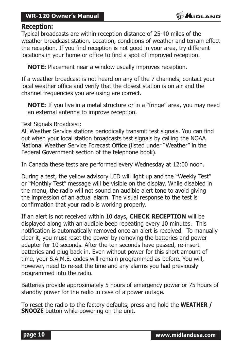 Reception | Midland Radio All Hazards Alert Weather Radio with S.A.M.E WR-120 User Manual | Page 11 / 36