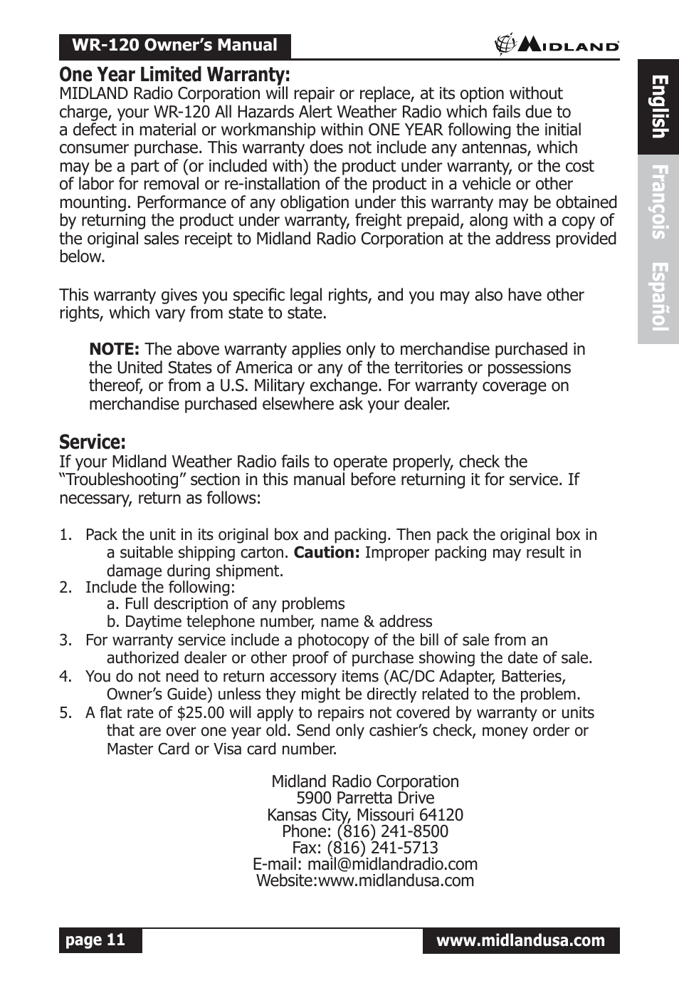 One year limited warranty, Service, English françois español | Midland Radio All Hazards Alert Weather Radio with S.A.M.E WR-120 User Manual | Page 12 / 36
