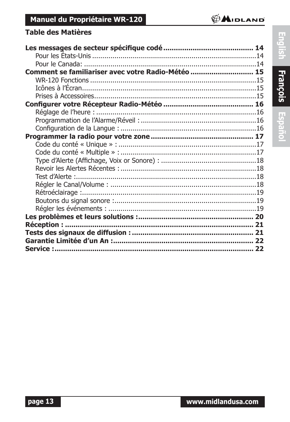English françois español | Midland Radio All Hazards Alert Weather Radio with S.A.M.E WR-120 User Manual | Page 14 / 36