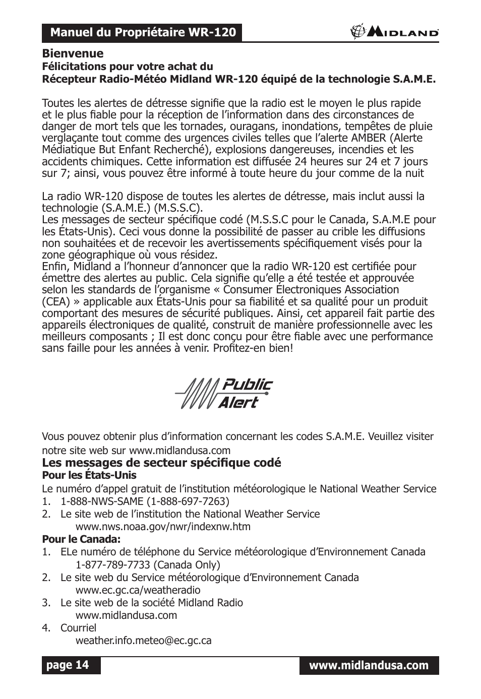 Les messages de secteur spécifique codé, Pour les états-unis, Pour le canada | Midland Radio All Hazards Alert Weather Radio with S.A.M.E WR-120 User Manual | Page 15 / 36