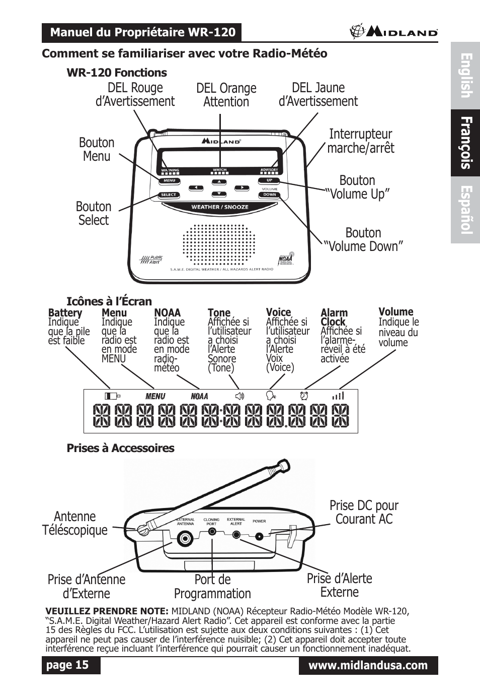 Comment se familiariser avec votre radio-météo, Wr-120 fonctions, Icônes à l’écran | Prises à accessoires, English françois español, Interrupteur marche/arrêt | Midland Radio All Hazards Alert Weather Radio with S.A.M.E WR-120 User Manual | Page 16 / 36