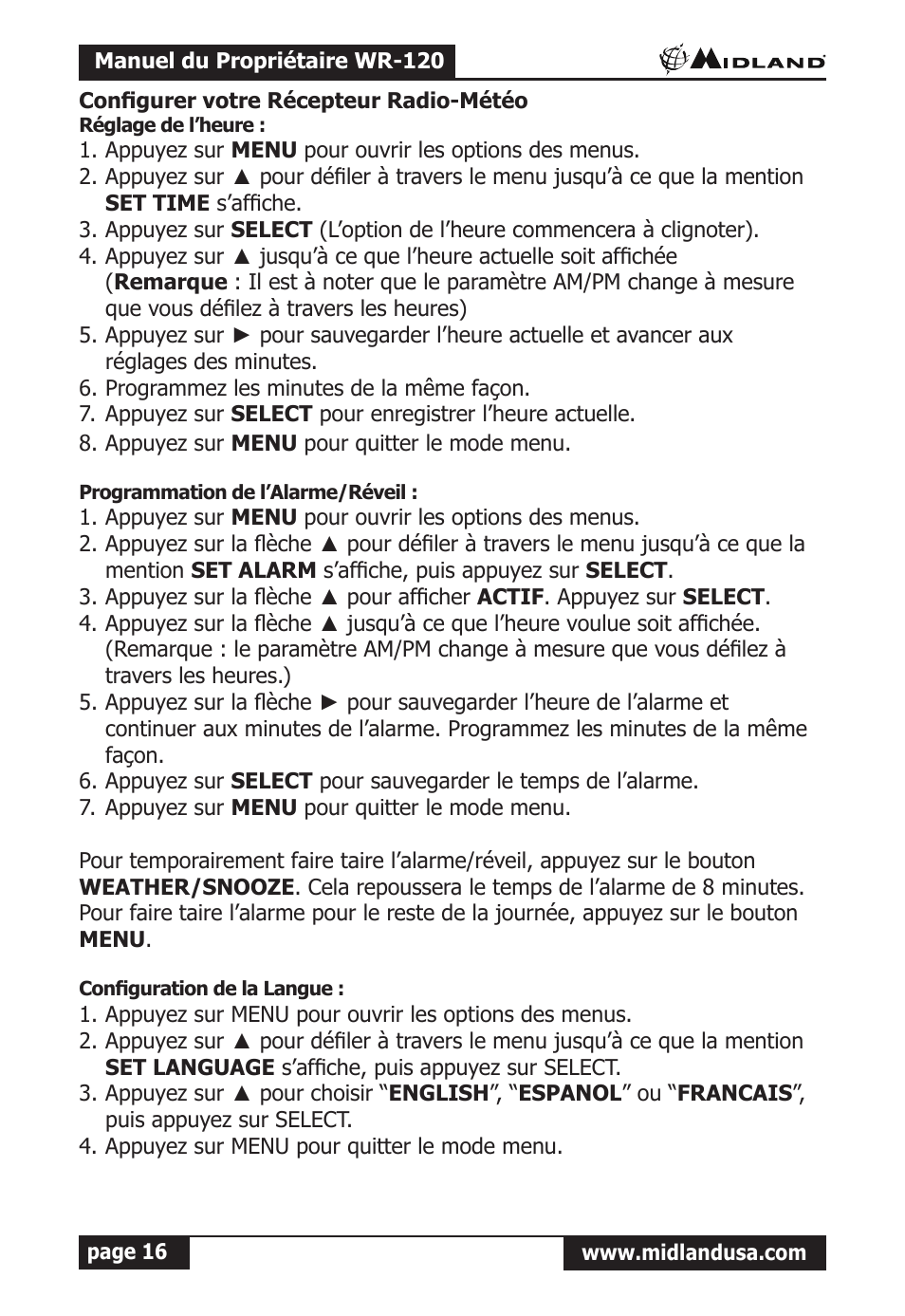 Configurer votre récepteur radio-météo, Réglage de l’heure, Programmation de l’alarme/réveil | Configuration de la langue | Midland Radio All Hazards Alert Weather Radio with S.A.M.E WR-120 User Manual | Page 17 / 36