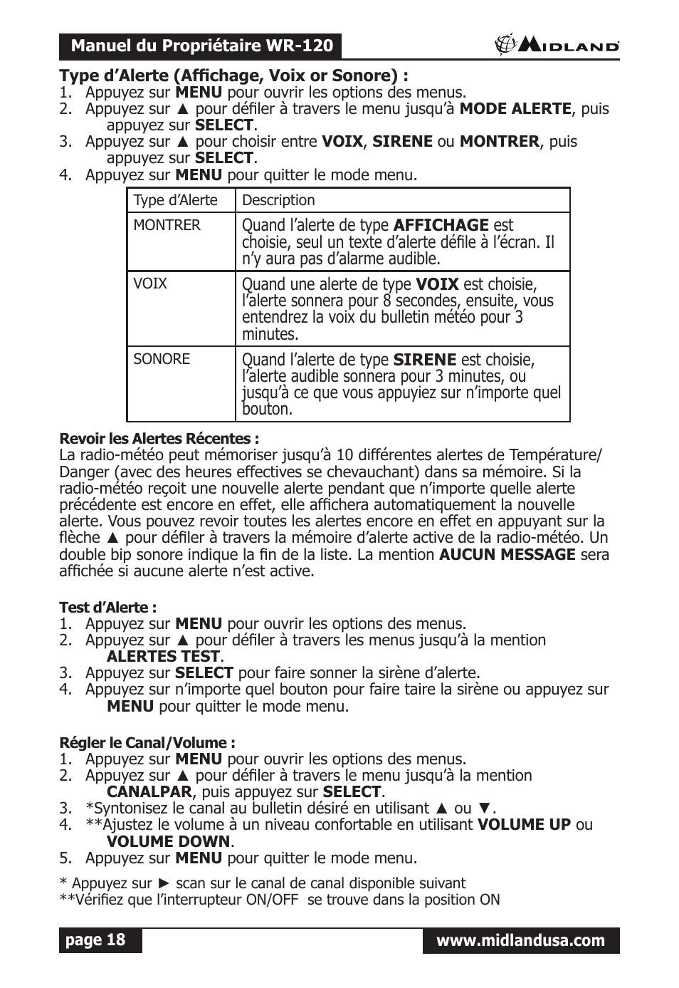 Type d’alerte (affichage, voix or sonore), Revoir les alertes récentes, Test d’alerte | Régler le canal/volume | Midland Radio All Hazards Alert Weather Radio with S.A.M.E WR-120 User Manual | Page 19 / 36