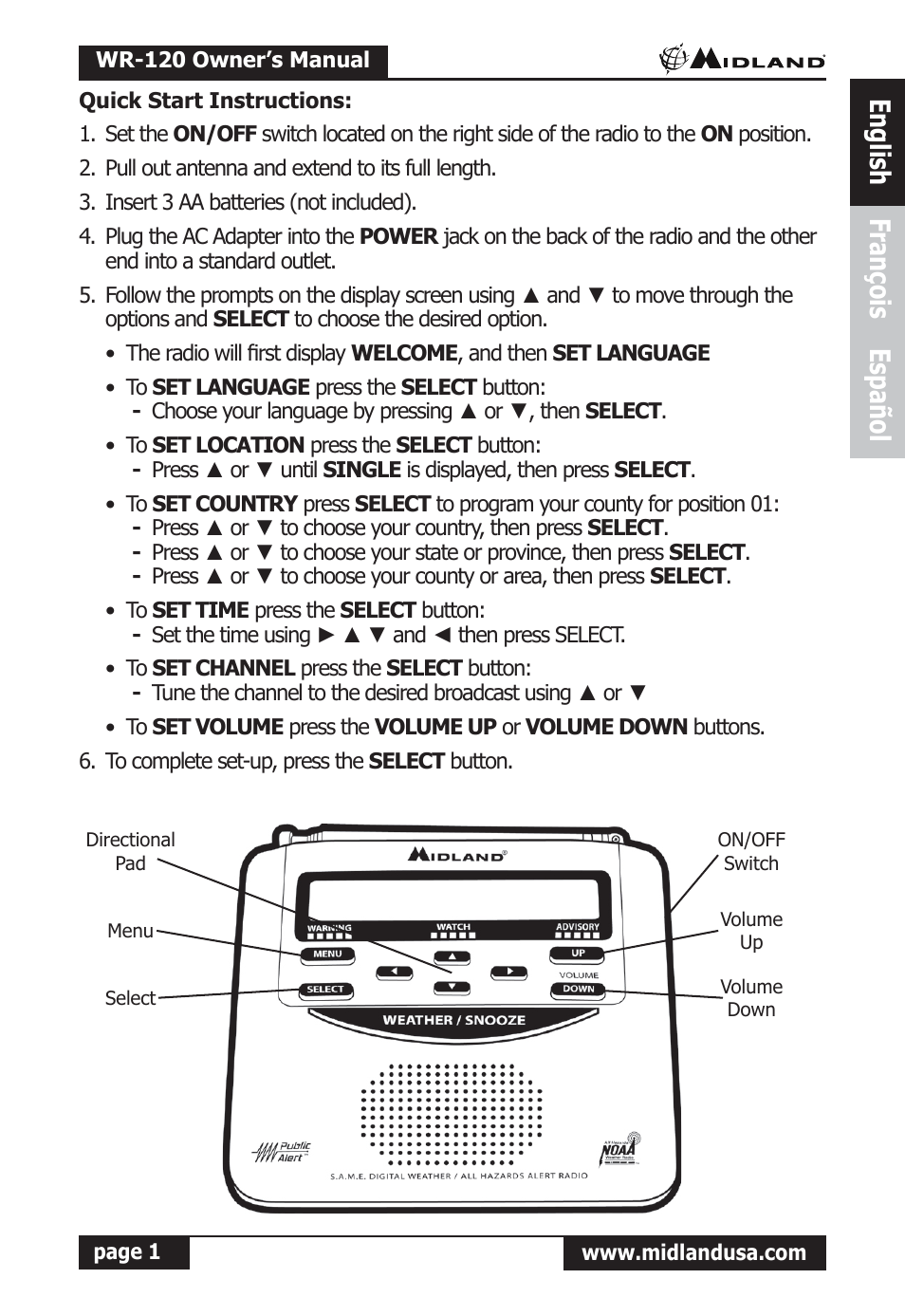 English, English françois español | Midland Radio All Hazards Alert Weather Radio with S.A.M.E WR-120 User Manual | Page 2 / 36