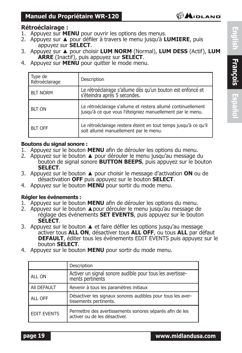 Rétroéclairage, Boutons du signal sonore, Régler les événements | English françois español | Midland Radio All Hazards Alert Weather Radio with S.A.M.E WR-120 User Manual | Page 20 / 36