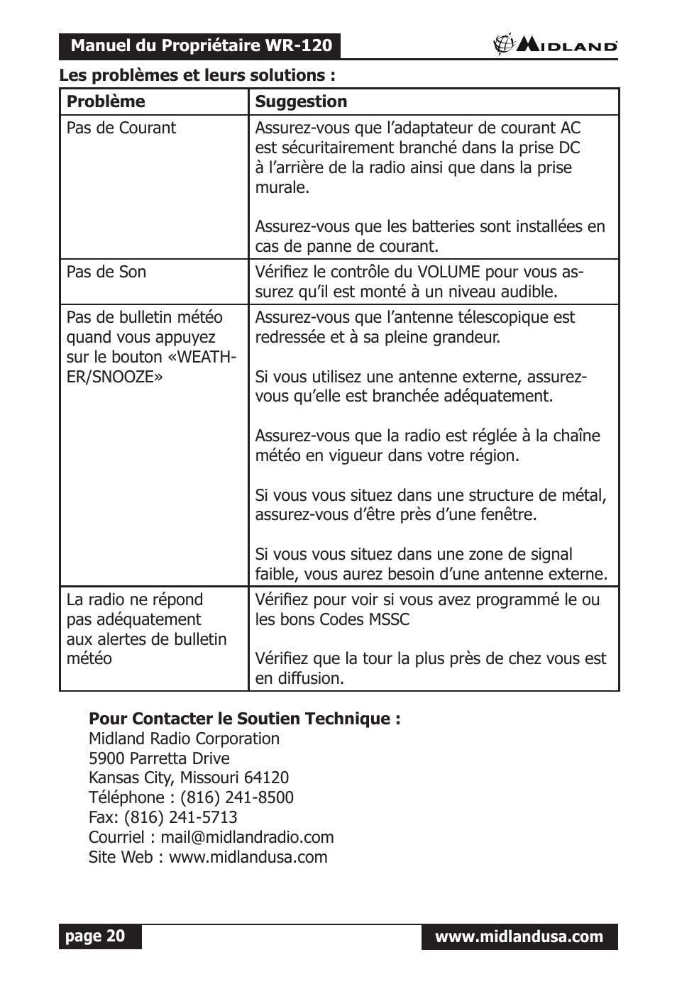 Les problèmes et leurs solutions | Midland Radio All Hazards Alert Weather Radio with S.A.M.E WR-120 User Manual | Page 21 / 36