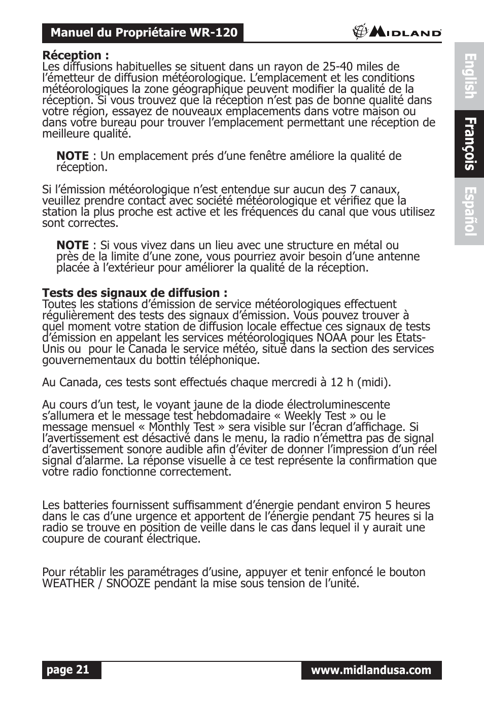 Réception, Tests des signaux de diffusion, English françois español | Midland Radio All Hazards Alert Weather Radio with S.A.M.E WR-120 User Manual | Page 22 / 36