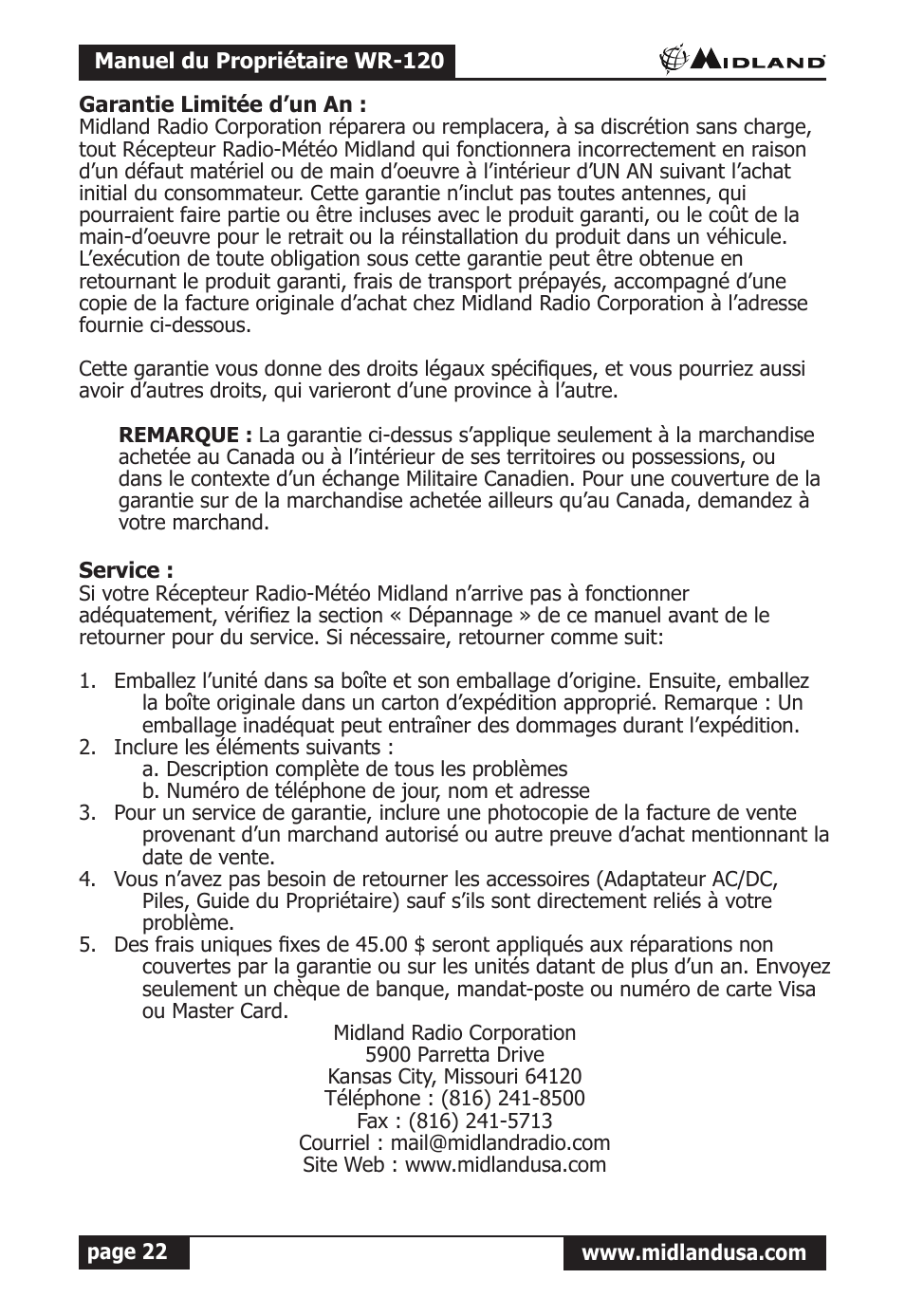 Garantie limitée d’un an, Service | Midland Radio All Hazards Alert Weather Radio with S.A.M.E WR-120 User Manual | Page 23 / 36