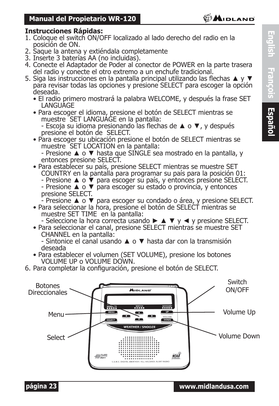 Español, English françois español | Midland Radio All Hazards Alert Weather Radio with S.A.M.E WR-120 User Manual | Page 24 / 36