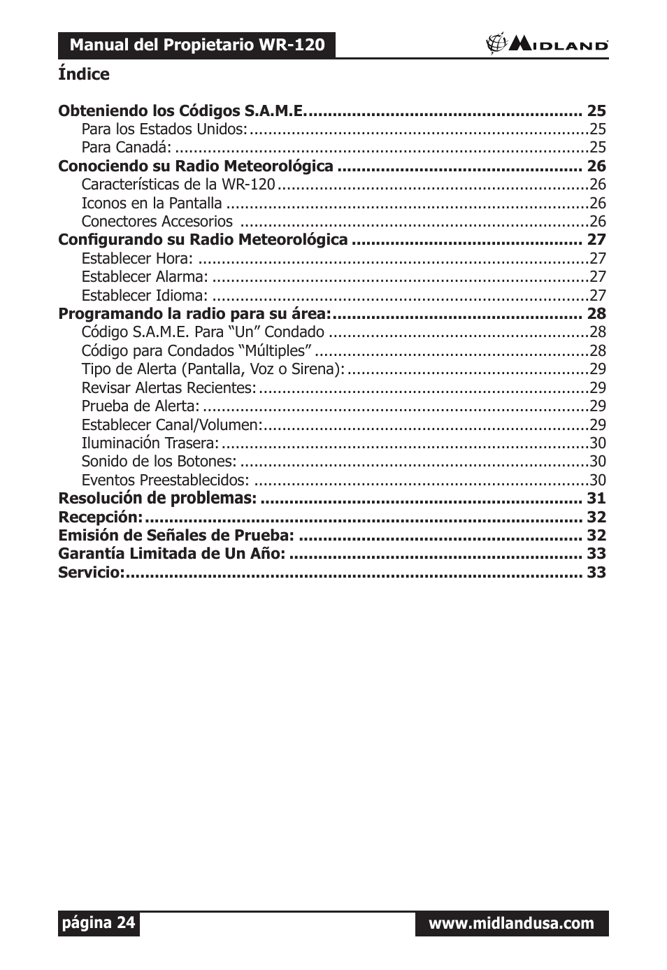 Midland Radio All Hazards Alert Weather Radio with S.A.M.E WR-120 User Manual | Page 25 / 36