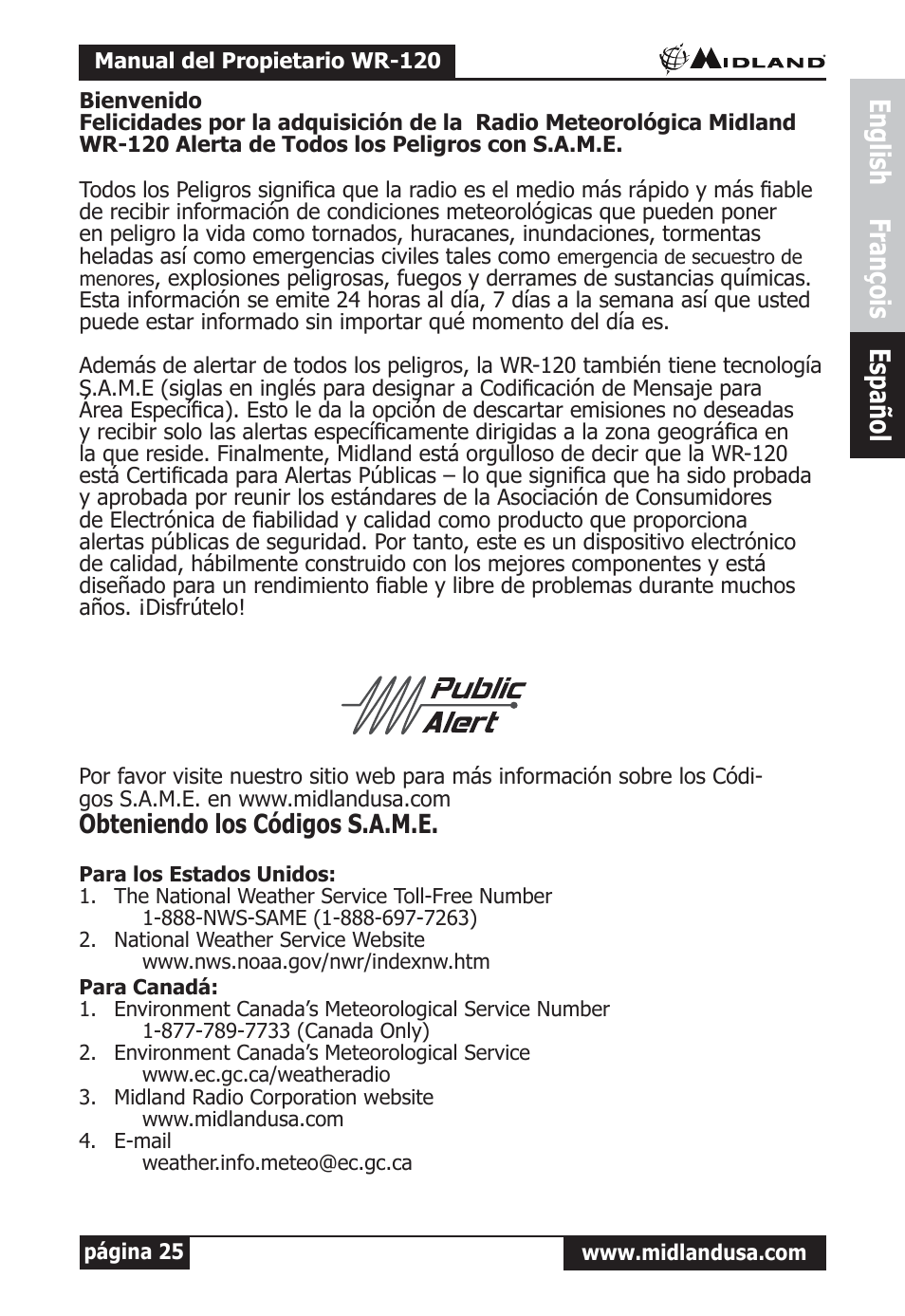 Obteniendo los códigos s.a.m.e, Para los estados unidos, Para canadá | English françois español | Midland Radio All Hazards Alert Weather Radio with S.A.M.E WR-120 User Manual | Page 26 / 36