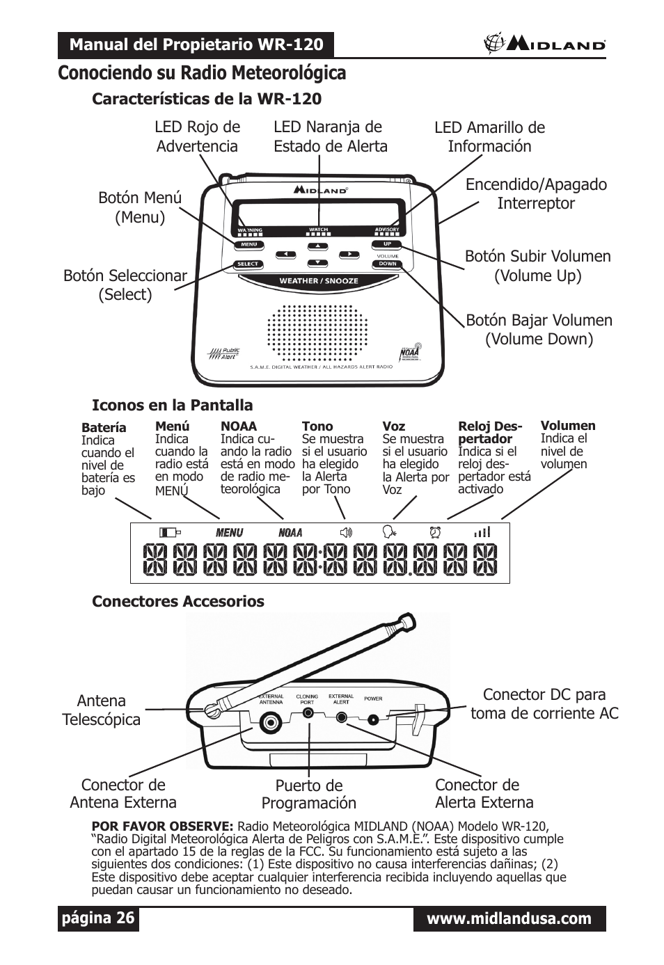 Conociendo su radio meteorológica, Características de la wr-120, Iconos en la pantalla | Conectores accesorios | Midland Radio All Hazards Alert Weather Radio with S.A.M.E WR-120 User Manual | Page 27 / 36