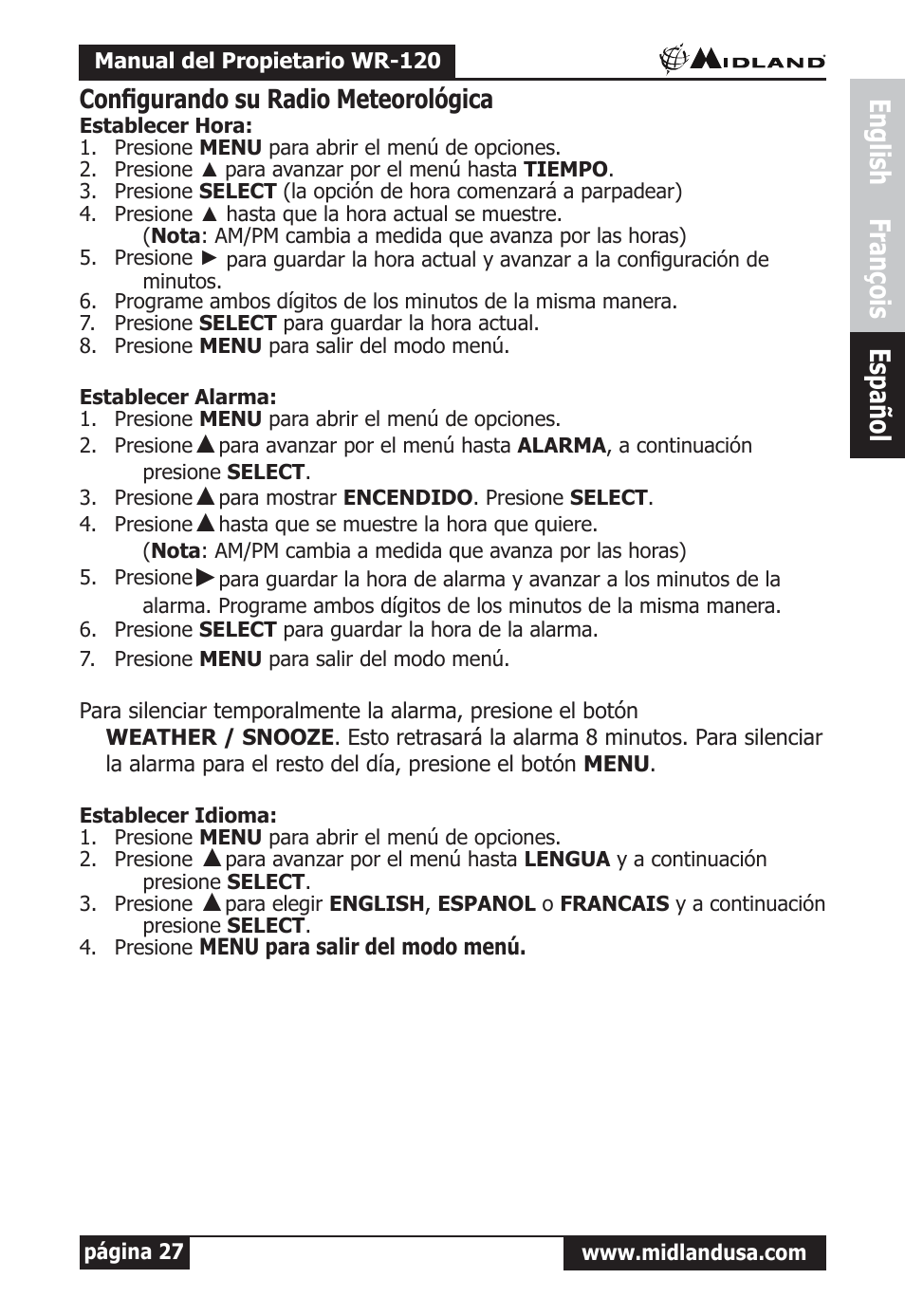Configurando su radio meteorológica, Establecer hora, Establecer alarma | Establecer idioma, English françois español | Midland Radio All Hazards Alert Weather Radio with S.A.M.E WR-120 User Manual | Page 28 / 36