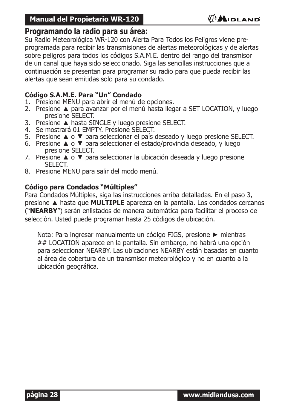 Programando la radio para su área, Código s.a.m.e. para “un” condado, Código para condados “múltiples | Midland Radio All Hazards Alert Weather Radio with S.A.M.E WR-120 User Manual | Page 29 / 36