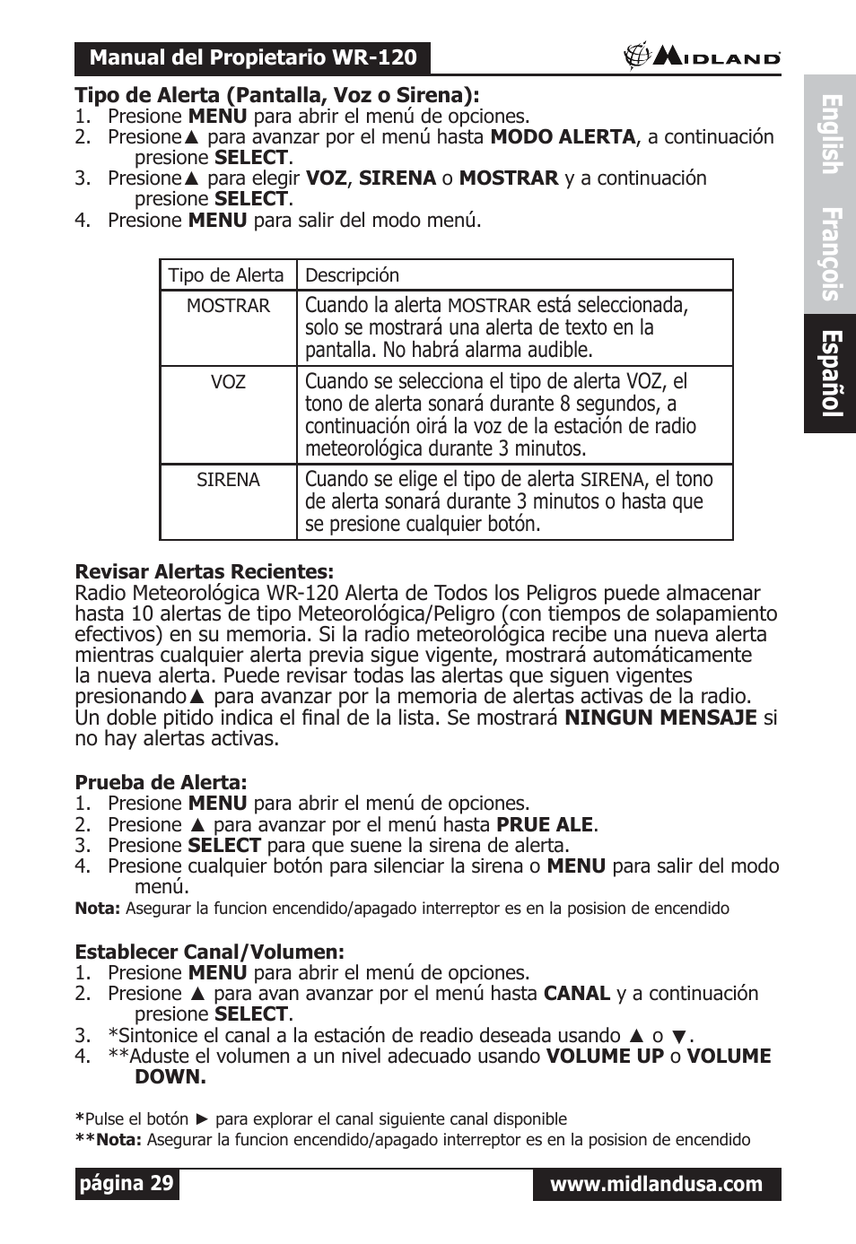 Tipo de alerta (pantalla, voz o sirena), Revisar alertas recientes, Prueba de alerta | Establecer canal/volumen, English françois español | Midland Radio All Hazards Alert Weather Radio with S.A.M.E WR-120 User Manual | Page 30 / 36