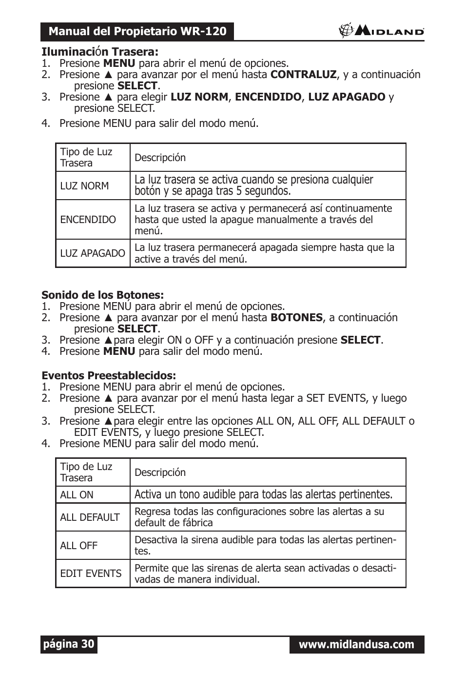 Iluminación trasera, Sonido de los botones, Eventos preestablecidos | Iluminaci, N trasera | Midland Radio All Hazards Alert Weather Radio with S.A.M.E WR-120 User Manual | Page 31 / 36