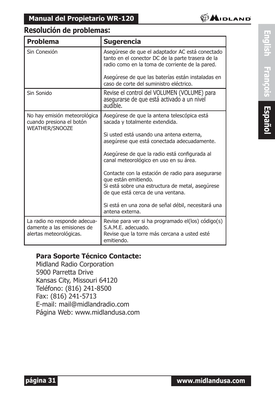 Resolución de problemas, Resoluci, Ón de problemas | English françois español | Midland Radio All Hazards Alert Weather Radio with S.A.M.E WR-120 User Manual | Page 32 / 36