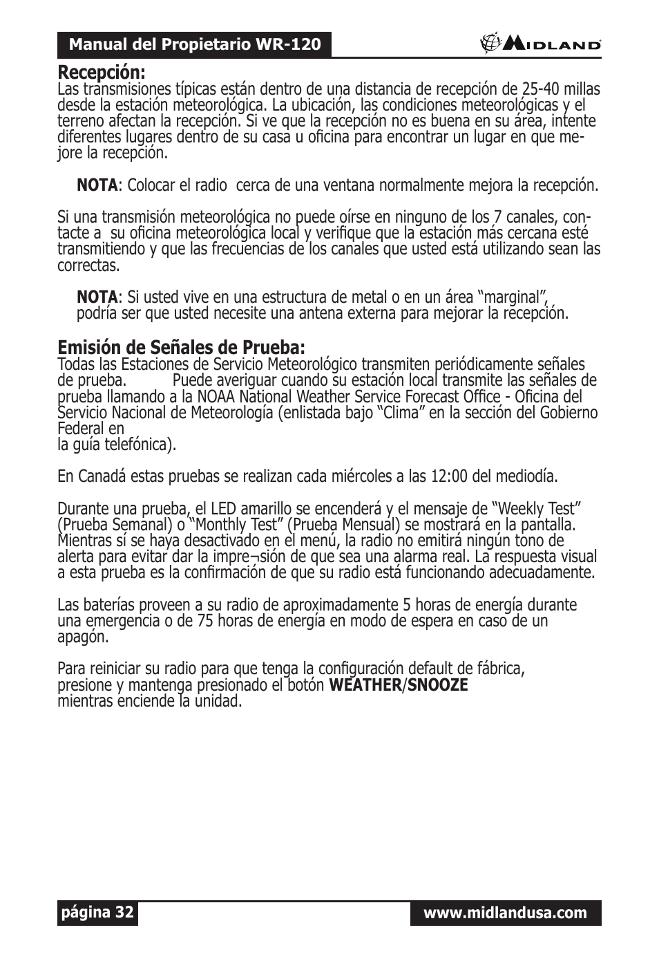Recepción, Emisión de señales de prueba | Midland Radio All Hazards Alert Weather Radio with S.A.M.E WR-120 User Manual | Page 33 / 36