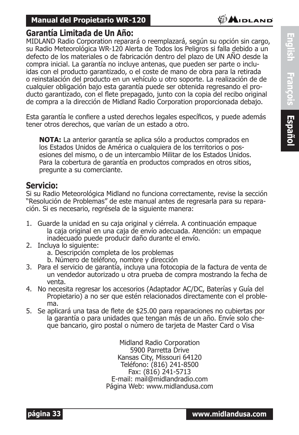 Garantía limitada de un año, Servicio, English françois español | Midland Radio All Hazards Alert Weather Radio with S.A.M.E WR-120 User Manual | Page 34 / 36