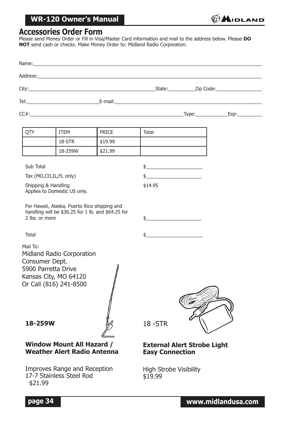 Accessories order form, Wr-120 owner’s manual, 18 -str | Midland Radio All Hazards Alert Weather Radio with S.A.M.E WR-120 User Manual | Page 35 / 36