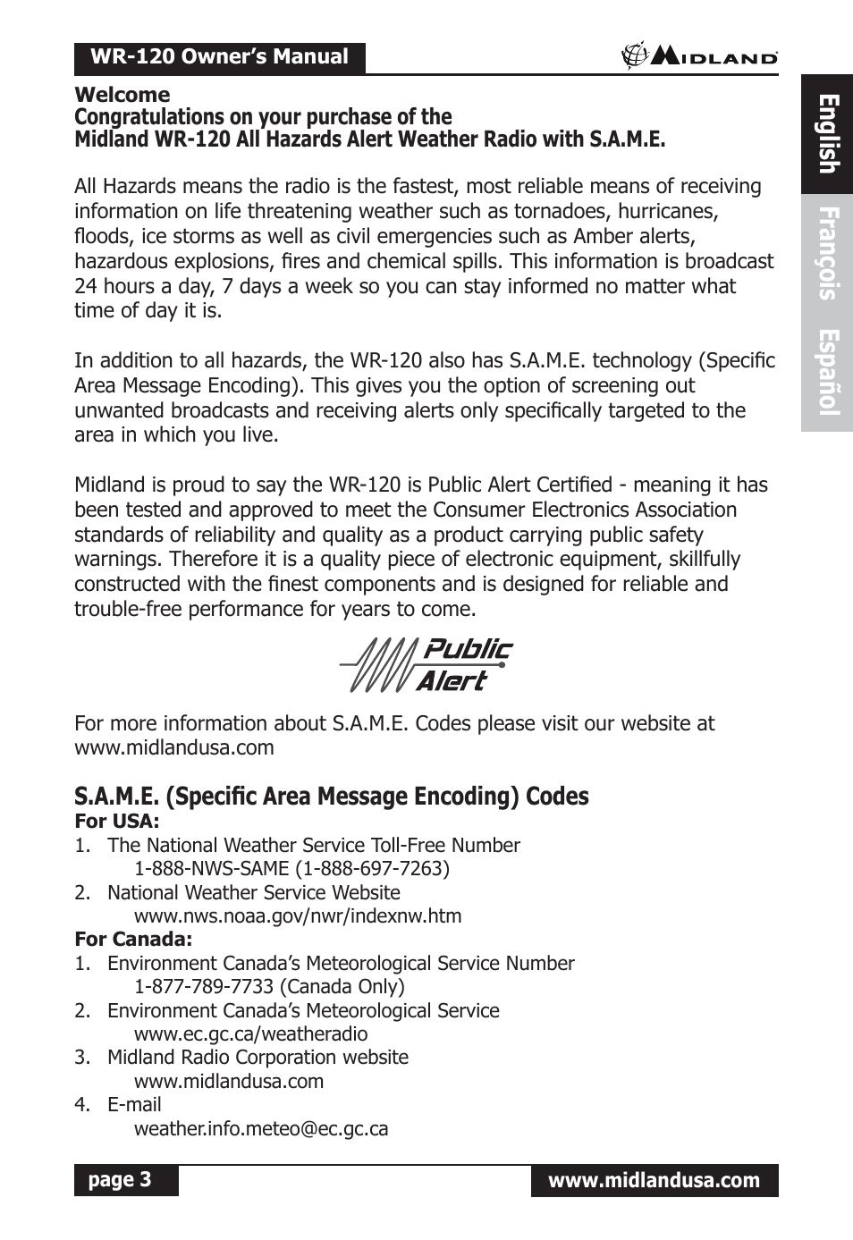 S.a.m.e. (specific area message encoding) codes, For usa, For canada | English françois español | Midland Radio All Hazards Alert Weather Radio with S.A.M.E WR-120 User Manual | Page 4 / 36