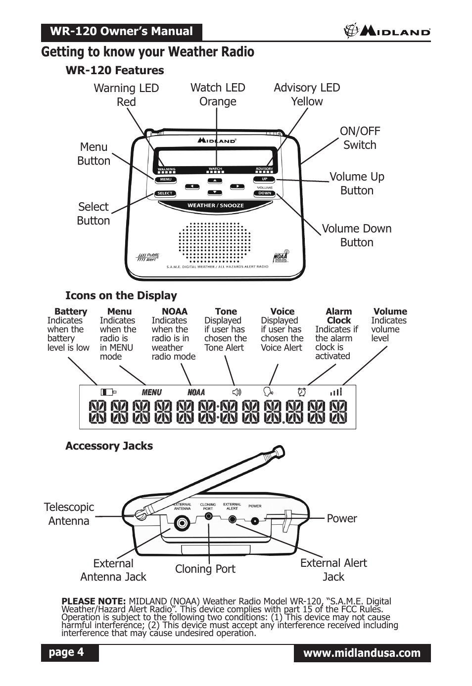 Getting to know your weather radio, Wr-120 features, Icons on the display | Accessory jacks | Midland Radio All Hazards Alert Weather Radio with S.A.M.E WR-120 User Manual | Page 5 / 36