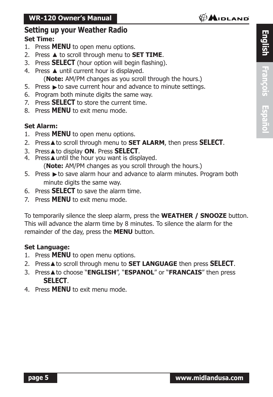 Setting up your weather radio, Set time, Set alarm | Set language, English françois español | Midland Radio All Hazards Alert Weather Radio with S.A.M.E WR-120 User Manual | Page 6 / 36