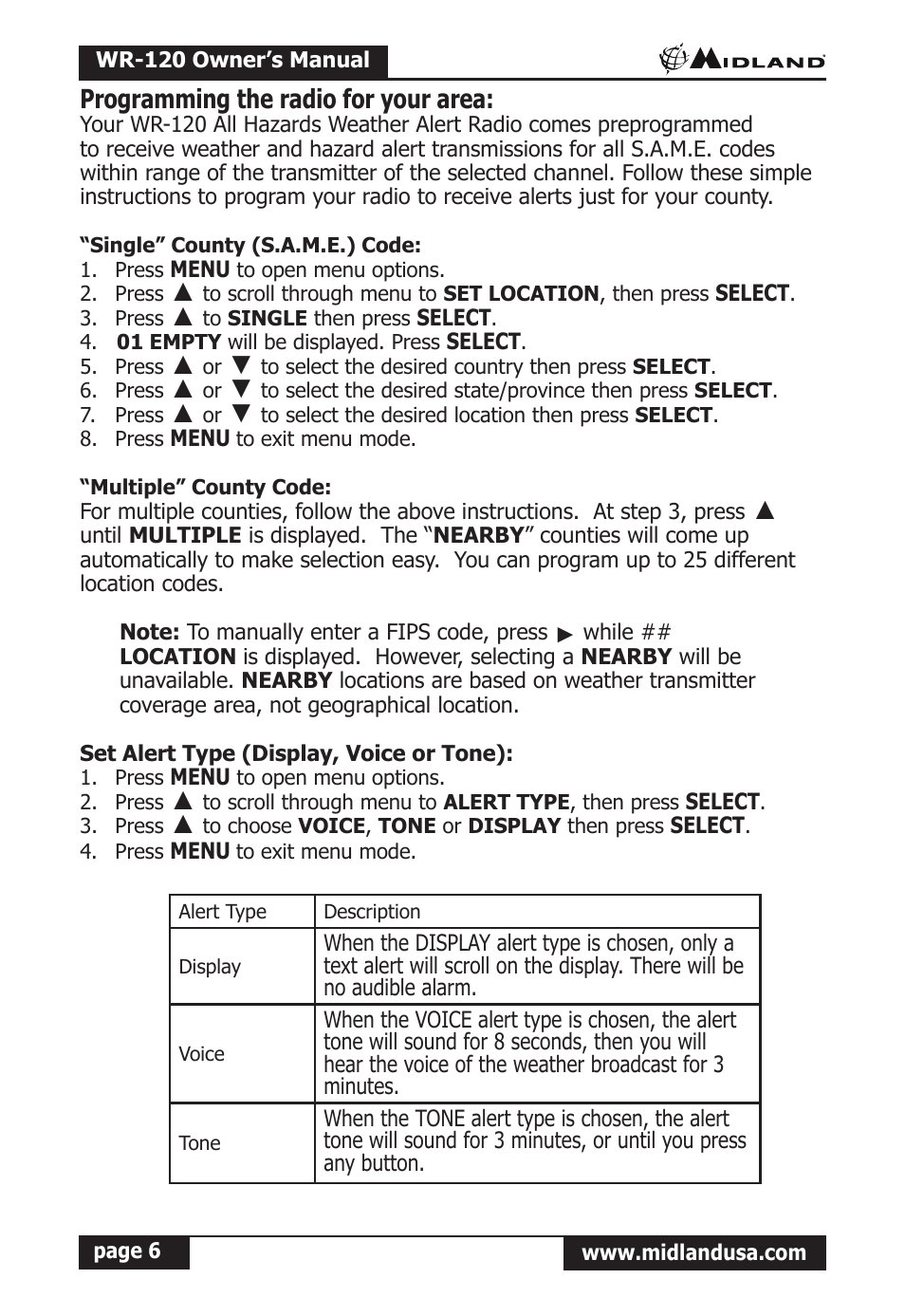 Programming the radio for your area, Single” county (s.a.m.e.) code, Multiple” county code | Midland Radio All Hazards Alert Weather Radio with S.A.M.E WR-120 User Manual | Page 7 / 36