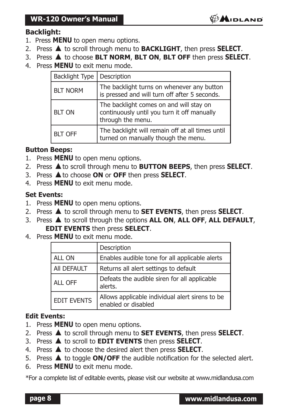Backlight, Button beeps, Set events | Edit events | Midland Radio All Hazards Alert Weather Radio with S.A.M.E WR-120 User Manual | Page 9 / 36
