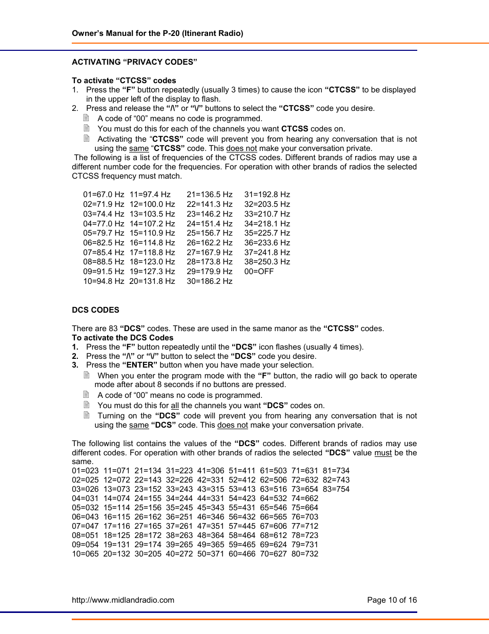 Dcs codes | Midland Radio P-20 User Manual | Page 10 / 16