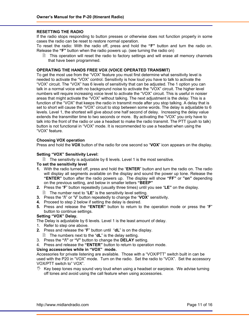 Resetting the radio, Operating the vox | Midland Radio P-20 User Manual | Page 11 / 16