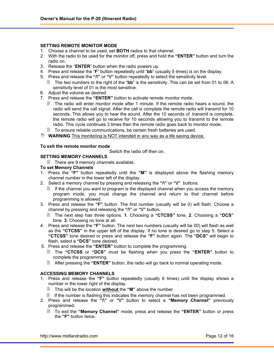 Setting remote monitor mode, Setting memory channels | Midland Radio P-20 User Manual | Page 12 / 16