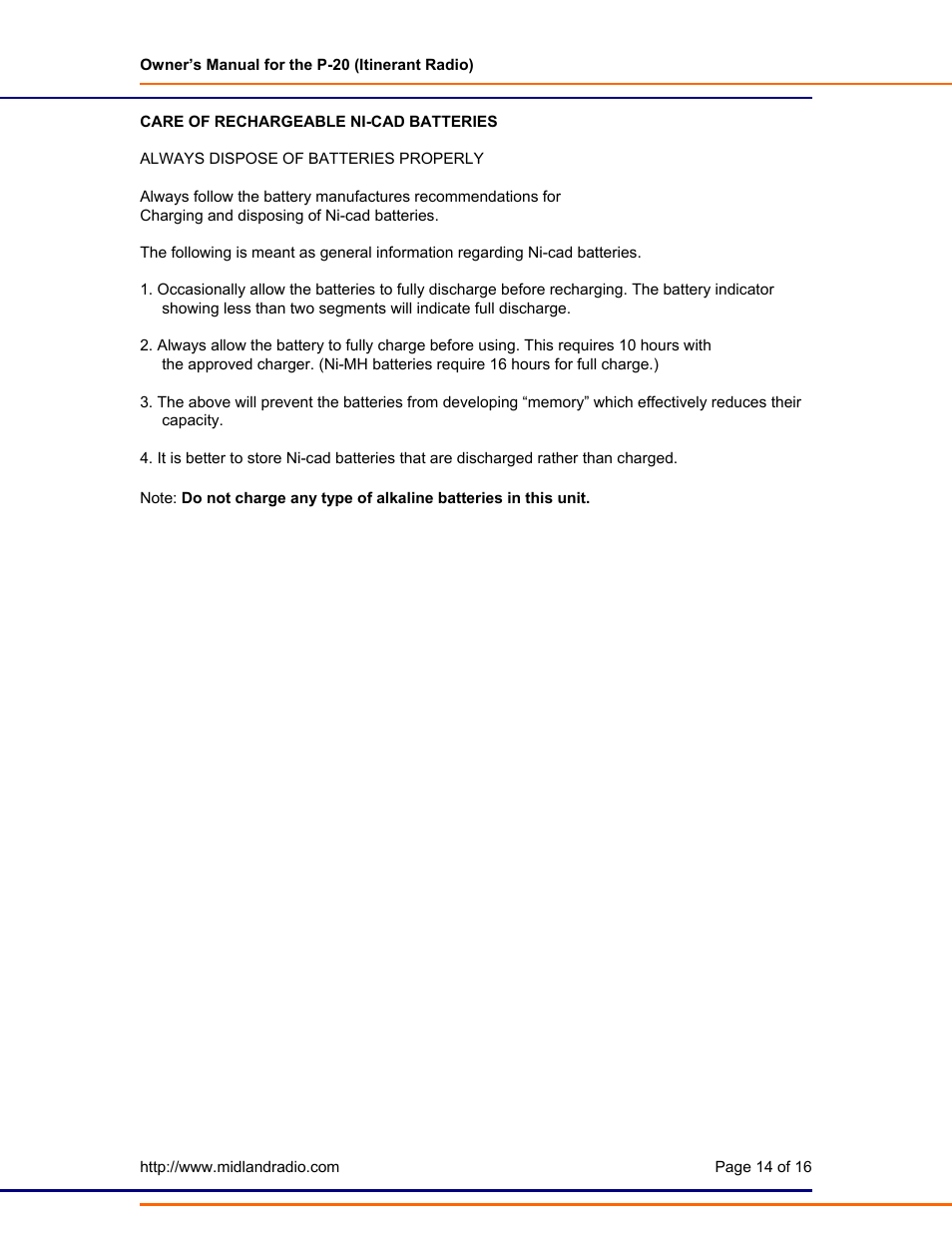Care of ni-cad batteries | Midland Radio P-20 User Manual | Page 14 / 16