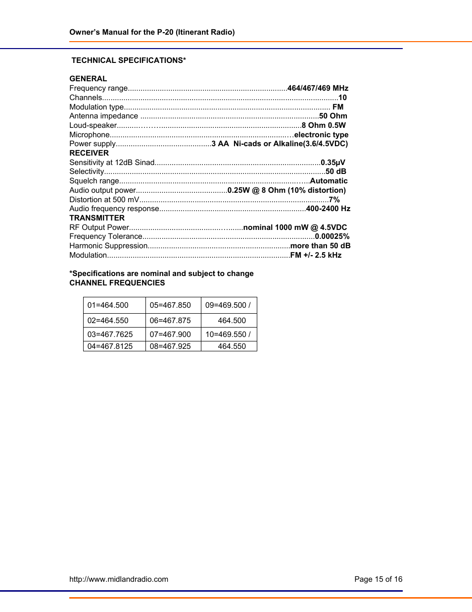 Technical data | Midland Radio P-20 User Manual | Page 15 / 16