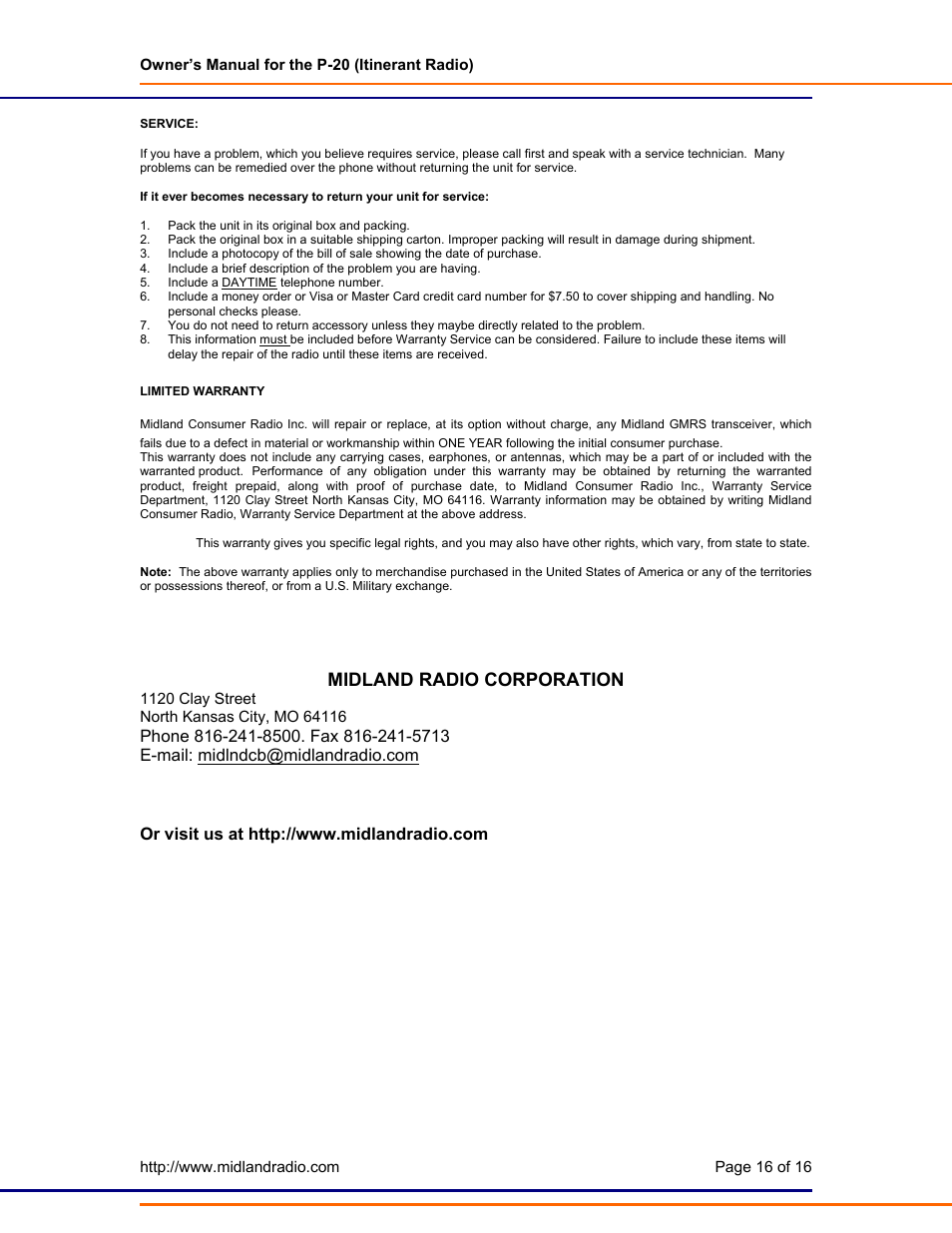 Service,warranty & info, Midland radio corporation | Midland Radio P-20 User Manual | Page 16 / 16