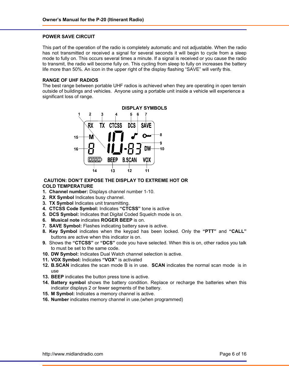 Quick use instructions, Range of uhf radios, Display symbols | Midland Radio P-20 User Manual | Page 6 / 16