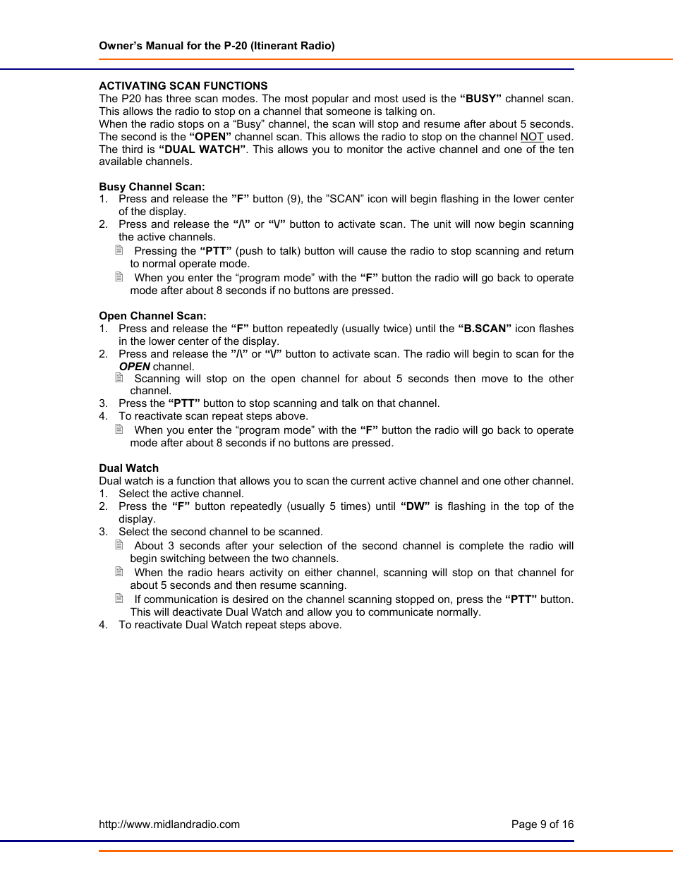 Turning on the display backlight, Turning the roger beeper on or off, Activating scan functions | Midland Radio P-20 User Manual | Page 9 / 16
