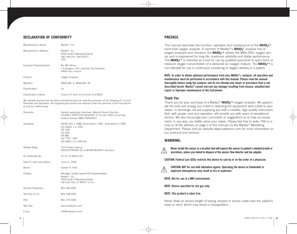 Preface, Warning, Declaration of conformity | MaxTech MAXO2 User Manual | Page 2 / 13