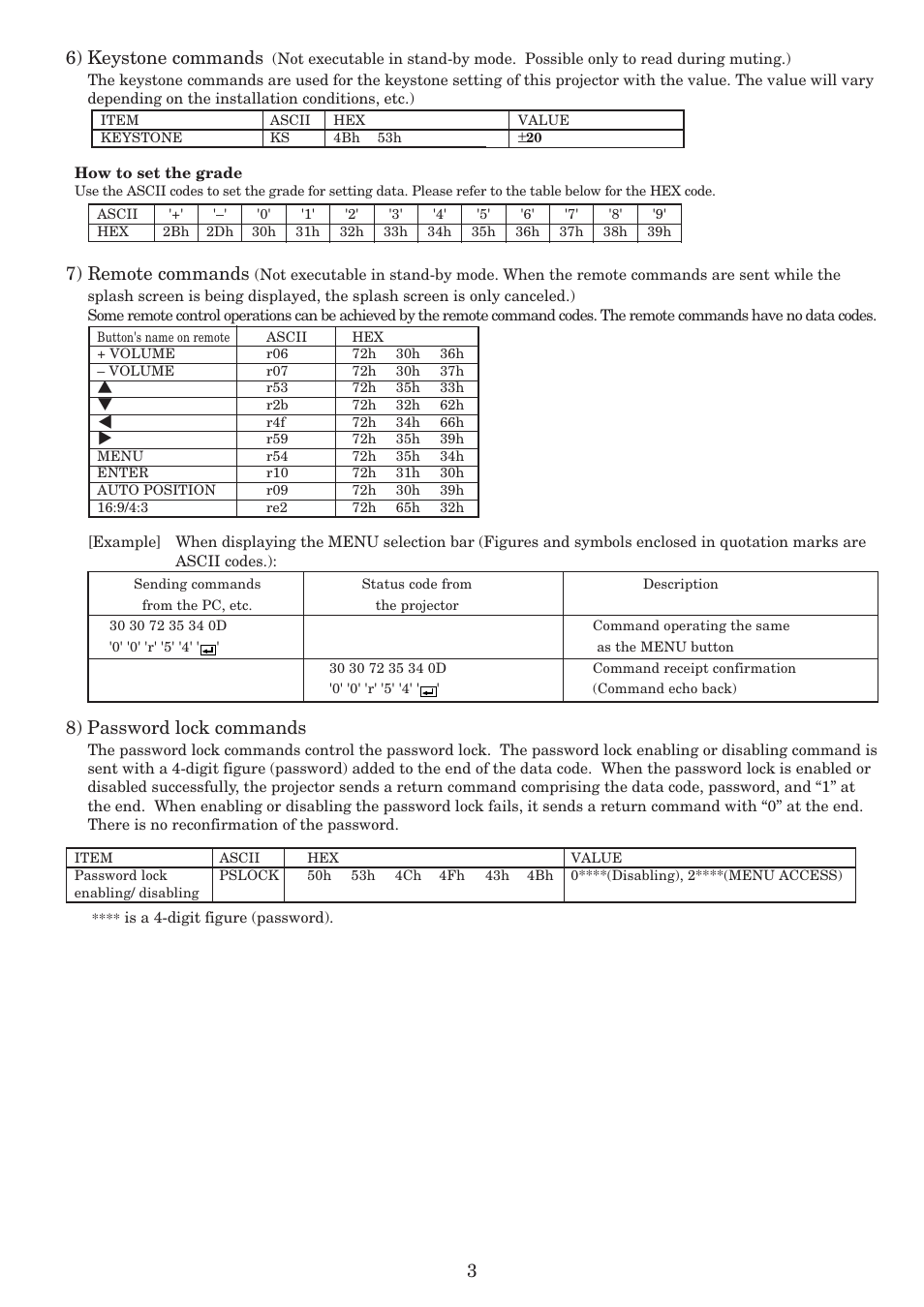 6) keystone commands, 7) remote commands, 8) password lock commands | MITSUBISHI ELECTRIC DLP HC900 User Manual | Page 3 / 5