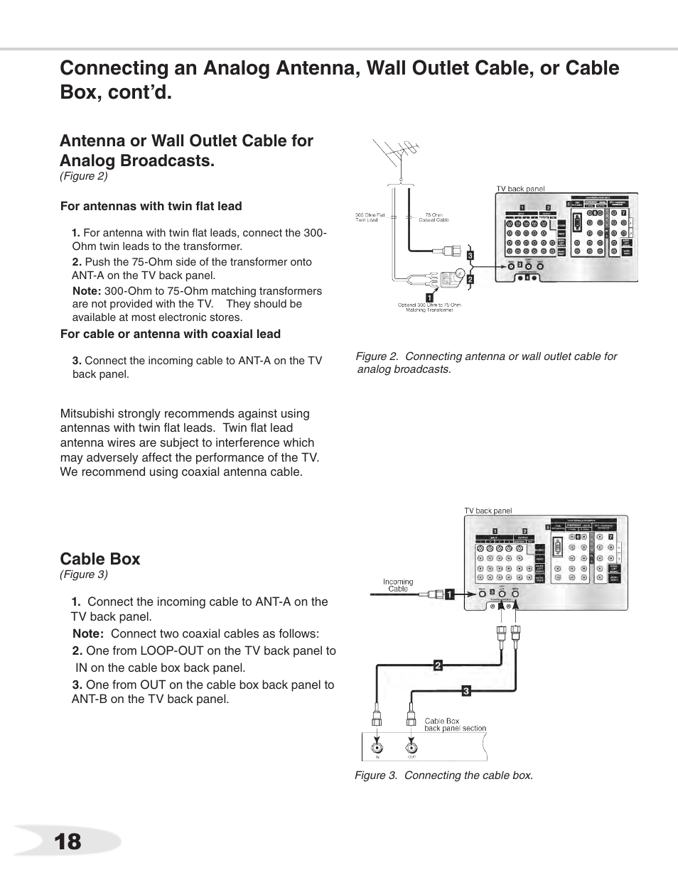 Cable box, Antenna or wall outlet cable for analog broadcasts | MITSUBISHI ELECTRIC WS-55711 User Manual | Page 18 / 92