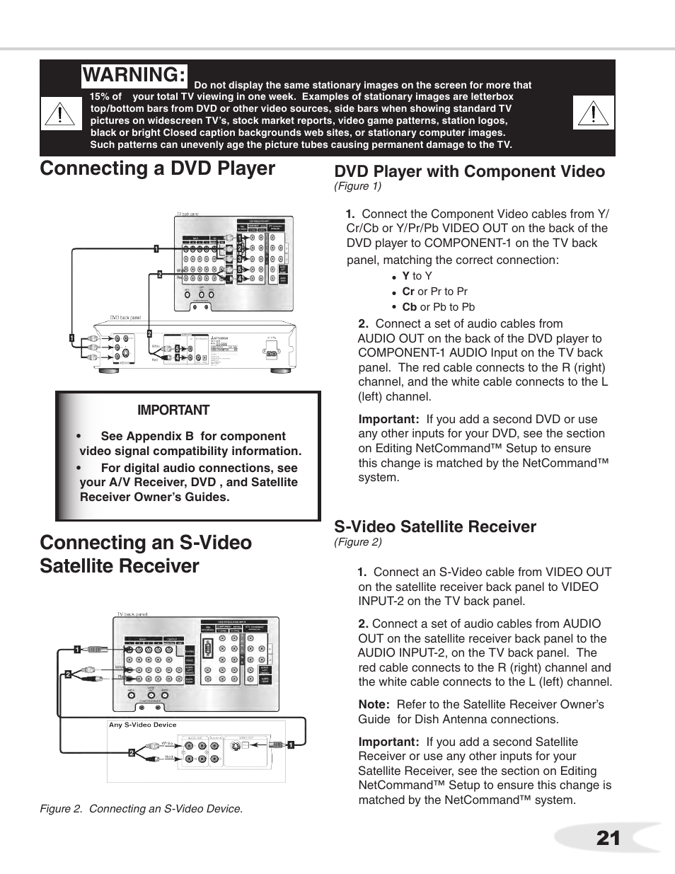 21 warning: connecting a dvd player, Connecting an s-video satellite receiver, Dvd player with component video | S-video satellite receiver | MITSUBISHI ELECTRIC WS-55711 User Manual | Page 21 / 92