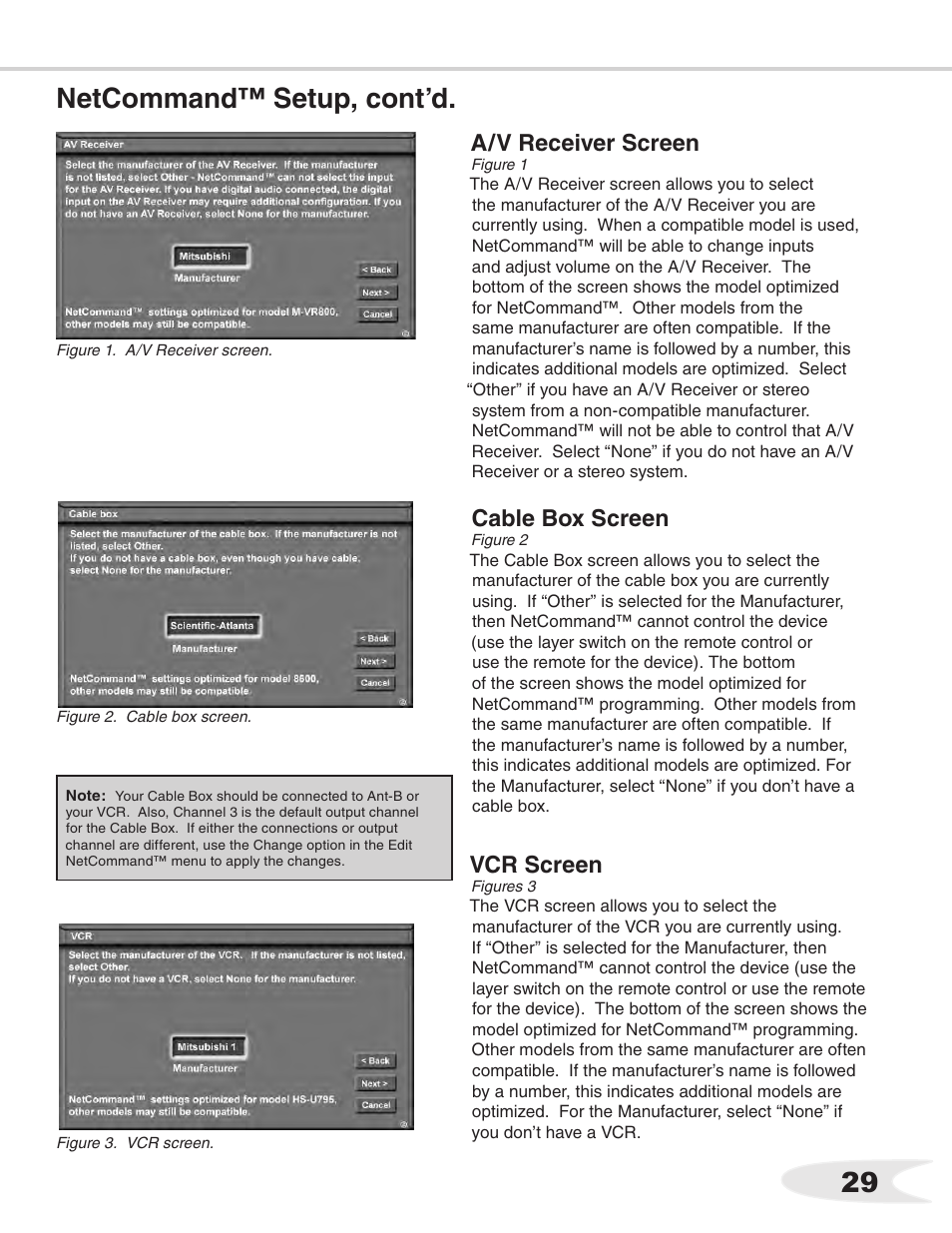 29 netcommand™ setup, cont’d, A/v receiver screen, Cable box screen | Vcr screen | MITSUBISHI ELECTRIC WS-55711 User Manual | Page 29 / 92