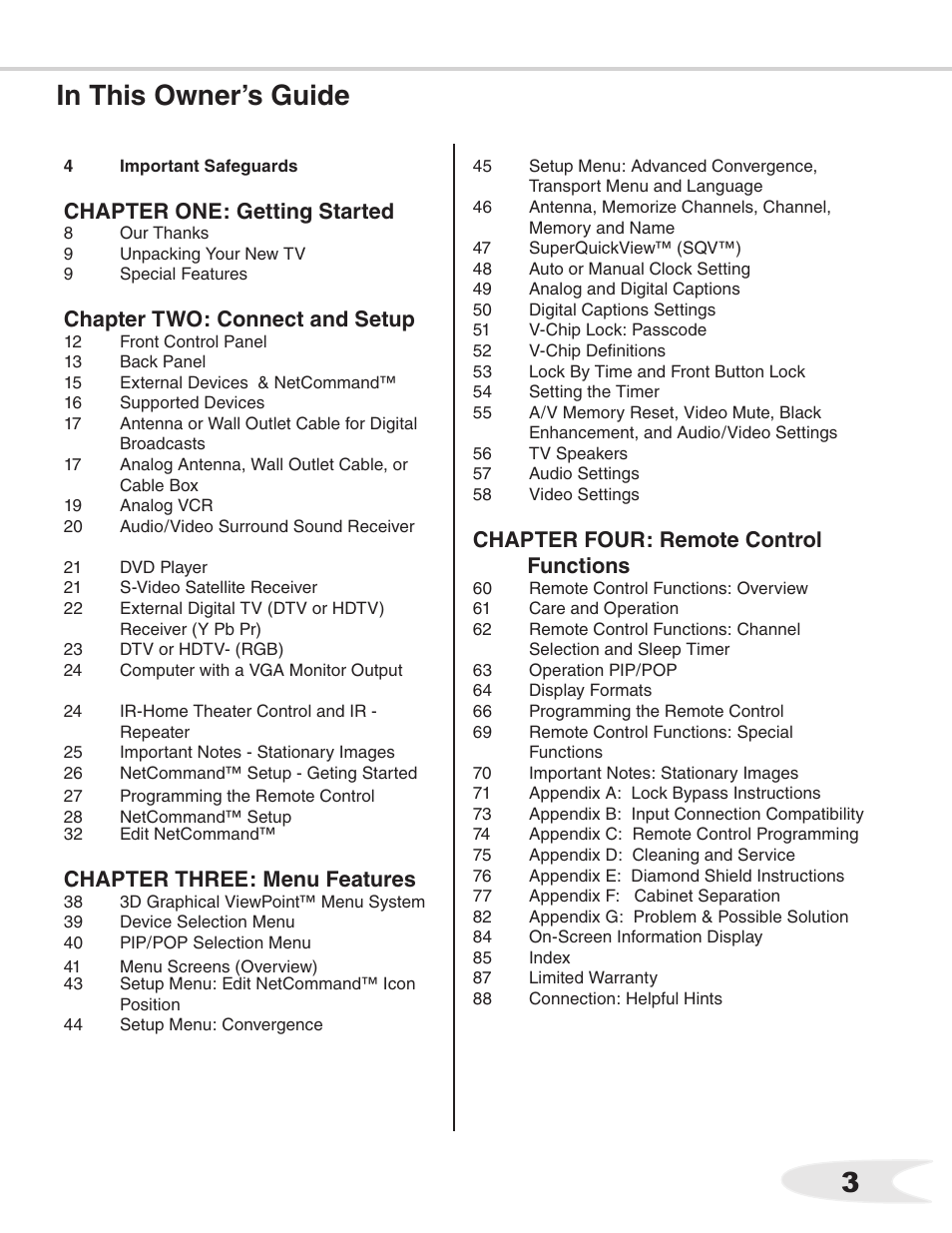 Chapter four: remote control functions, Chapter one: getting started, Chapter two: connect and setup | Chapter three: menu features | MITSUBISHI ELECTRIC WS-55711 User Manual | Page 3 / 92