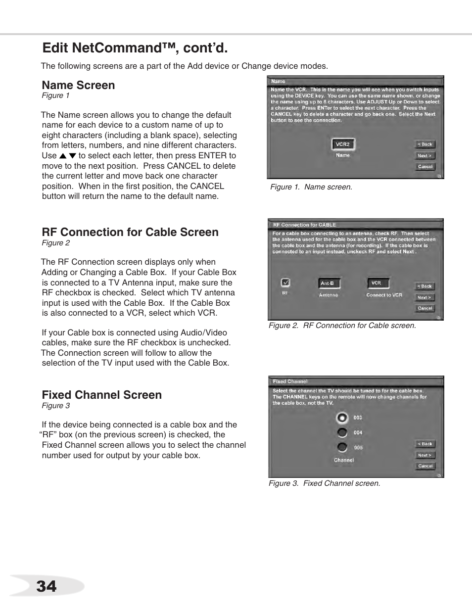 35 edit netcommand™, cont’d, Name screen, Fixed channel screen | Rf connection for cable screen | MITSUBISHI ELECTRIC WS-55711 User Manual | Page 34 / 92