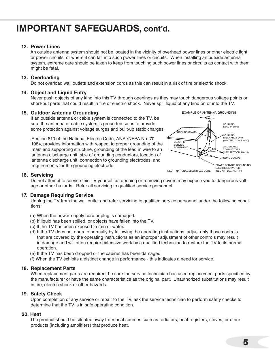 Important safeguards, Cont’d | MITSUBISHI ELECTRIC WS-55711 User Manual | Page 5 / 92