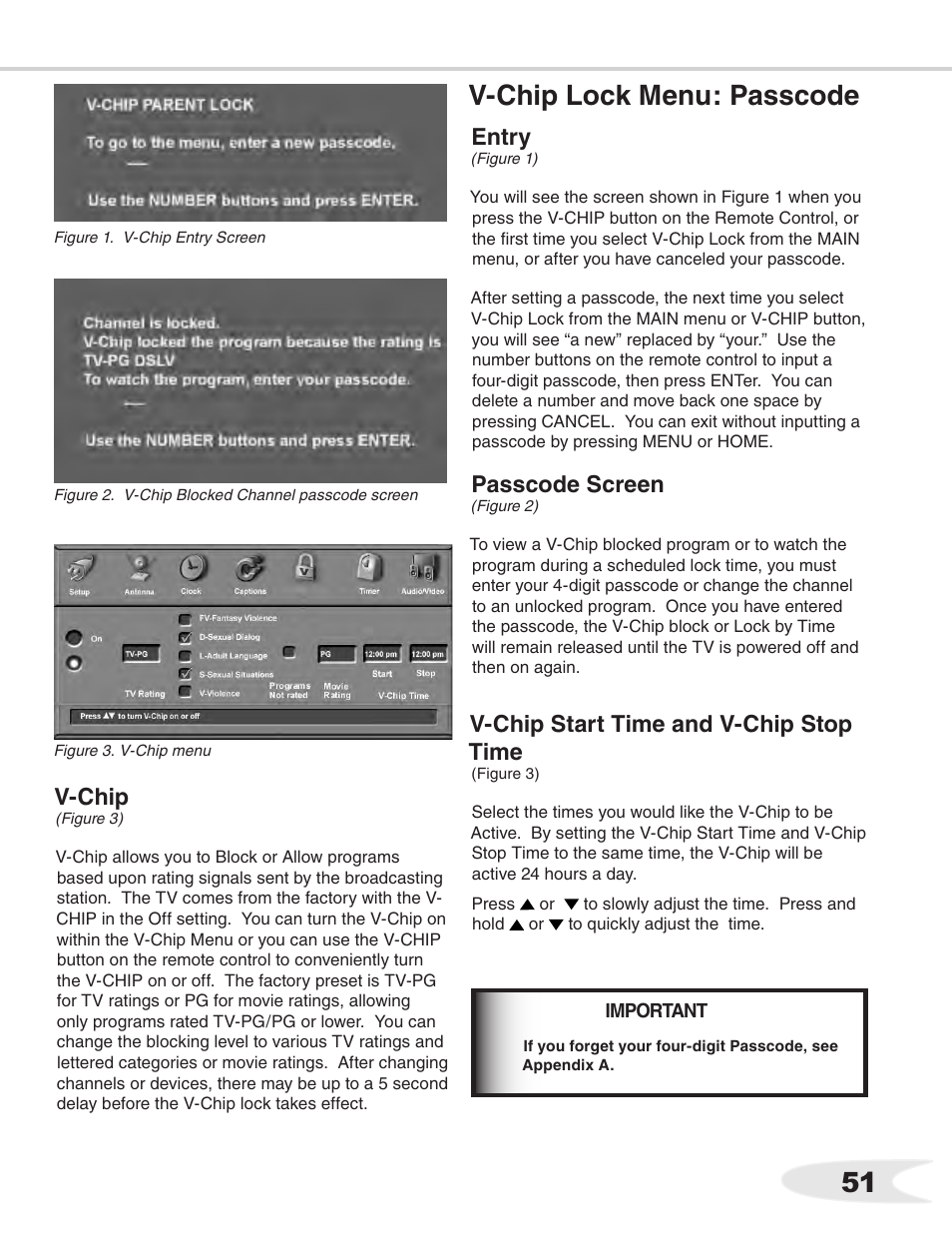 V-chip lock menu: passcode, Passcode screen, V-chip | Entry, V-chip start time and v-chip stop time | MITSUBISHI ELECTRIC WS-55711 User Manual | Page 51 / 92