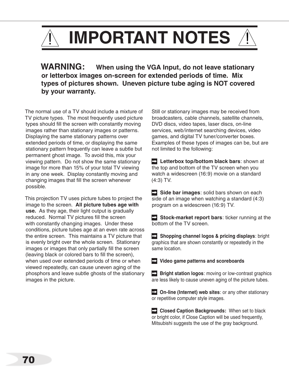 Warning | MITSUBISHI ELECTRIC WS-55711 User Manual | Page 70 / 92