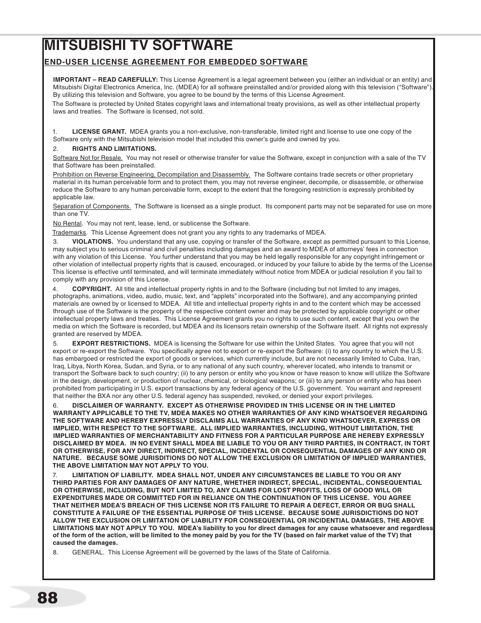 89 mitsubishi tv software | MITSUBISHI ELECTRIC WS-55711 User Manual | Page 88 / 92